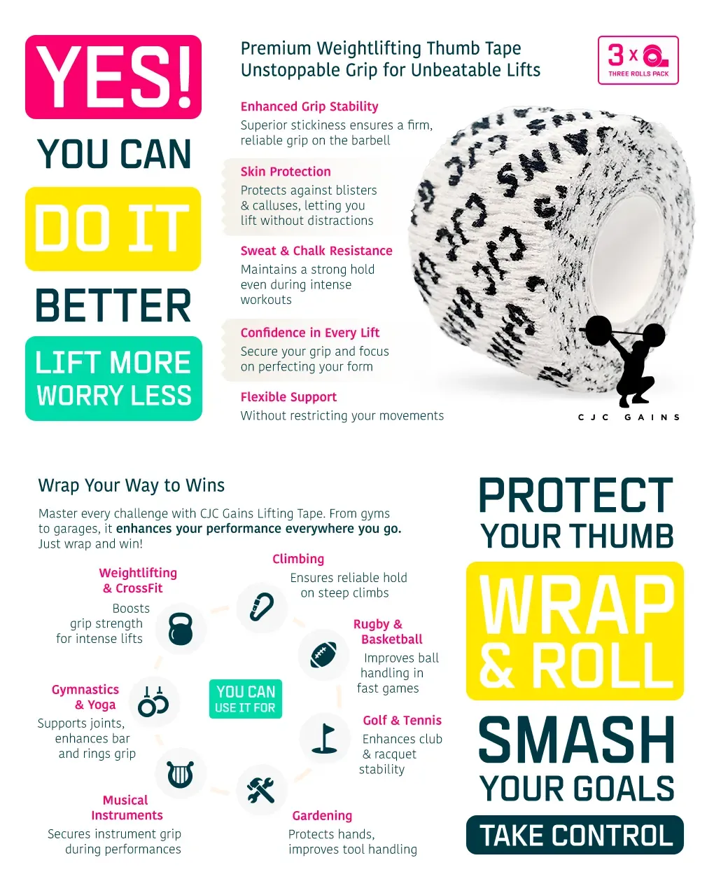 Amazon A+ content layout for CJC Gains lifting tape, combining bold typography, instructional illustrations and product photography
