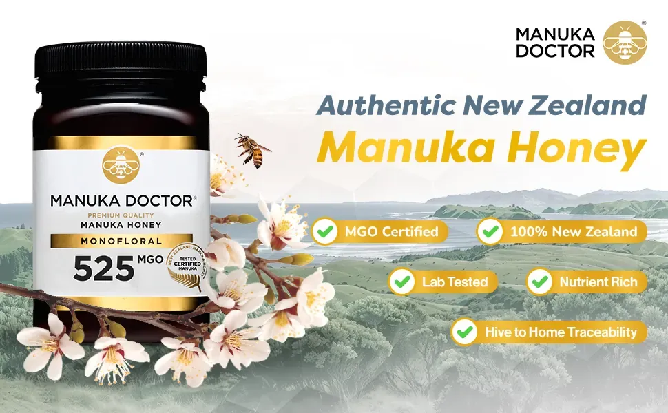 Product showcase module with the 525 MGO honey jar, Manuka blossoms and New Zealand landscape behind certification badges