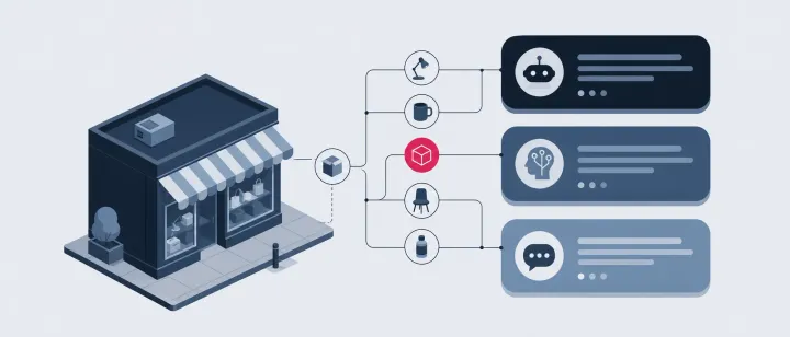 A shop's products flowing along connecting lines into three AI chat-assistant panels, with one product node highlighted.