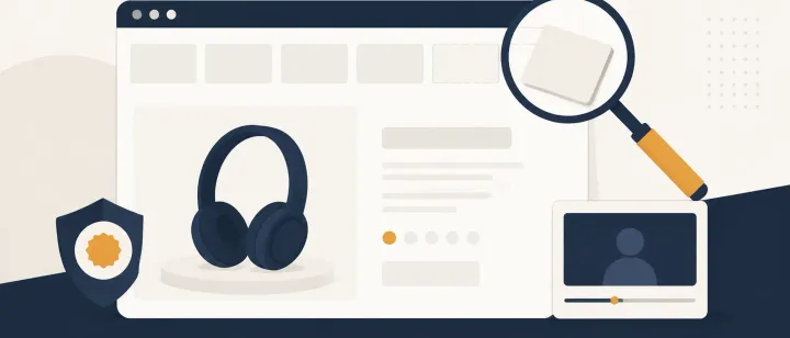 A product page with a row of blank logo placeholders along the top, one lifted away by a magnifying glass, next to a video thumbnail card.