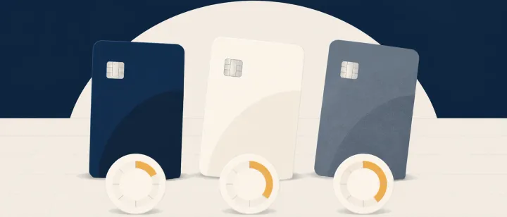 Three payment card shapes fanned side by side, each above a small percentage dial, on a neutral comparison surface with light grid lines.