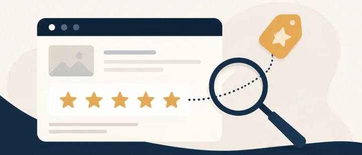 A search result card showing five stars, with a discount tag linked to it by a dotted line and a magnifying glass examining the connection.