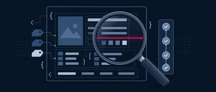 A product page passing under a magnifier that scans its structured-data tags, with a checklist ticking off beside it.