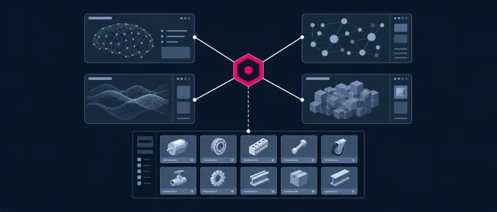 A central product catalogue inside an archway, fanning products out to four AI assistant panels above a product strip.