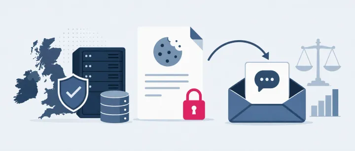 A UK map, data servers and a locked cookie policy, with a complaint envelope routed towards legal scales and charts.
