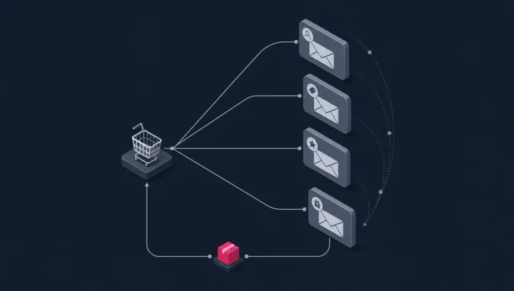 Four automated email paths branch from a Shopify cart node, one highlighted as it loops back to a repeat order.